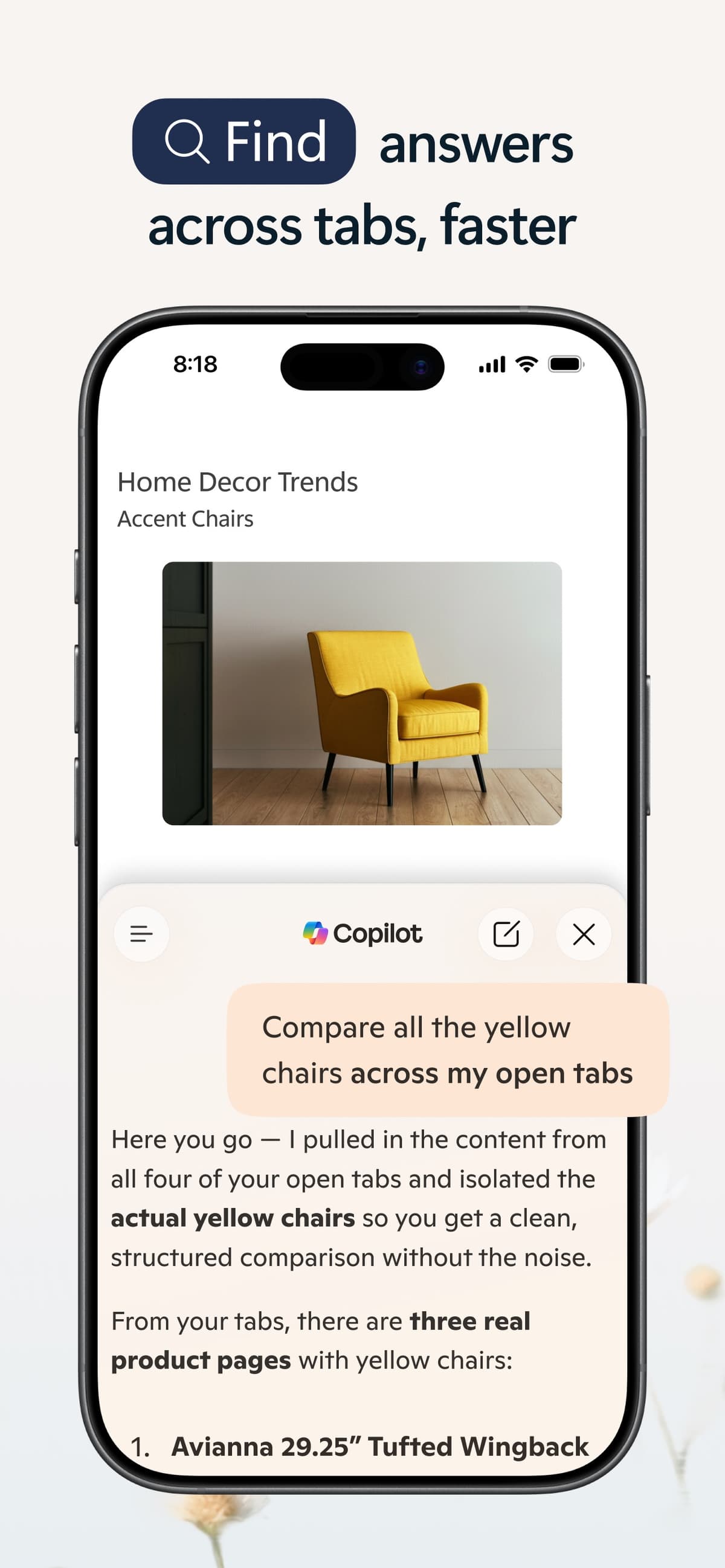 Microsoft Copilot in Edge comparing information across open tabs on an iPhone.