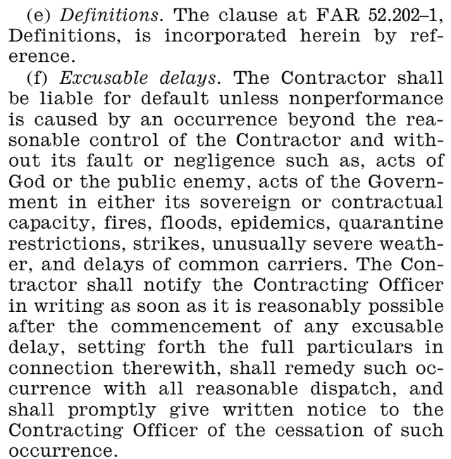 Published FAR definitions cross-reference and complete excusable delays clause with conditions and written notice duties.