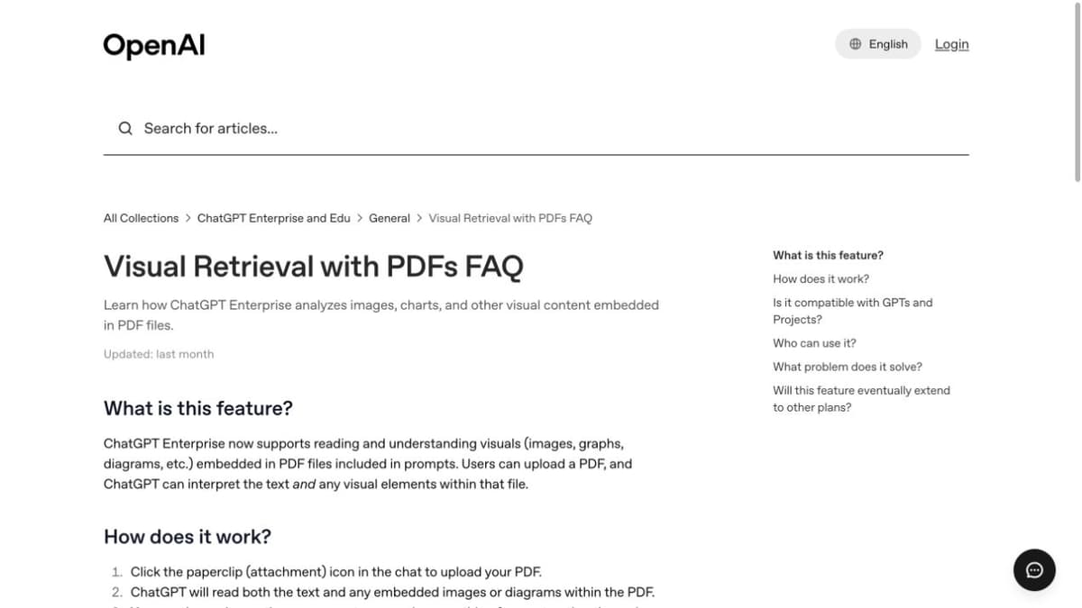 OpenAI Help Center page describing visual retrieval with PDFs for ChatGPT Enterprise and Edu.