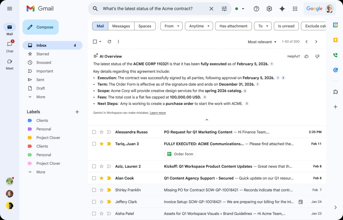 Gemini AI Overview in Gmail showing a generated contract-status answer with citation markers.