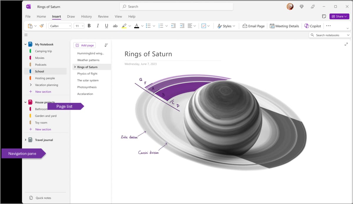 Official Microsoft OneNote screenshot showing the notebook pane, page list, and note editor