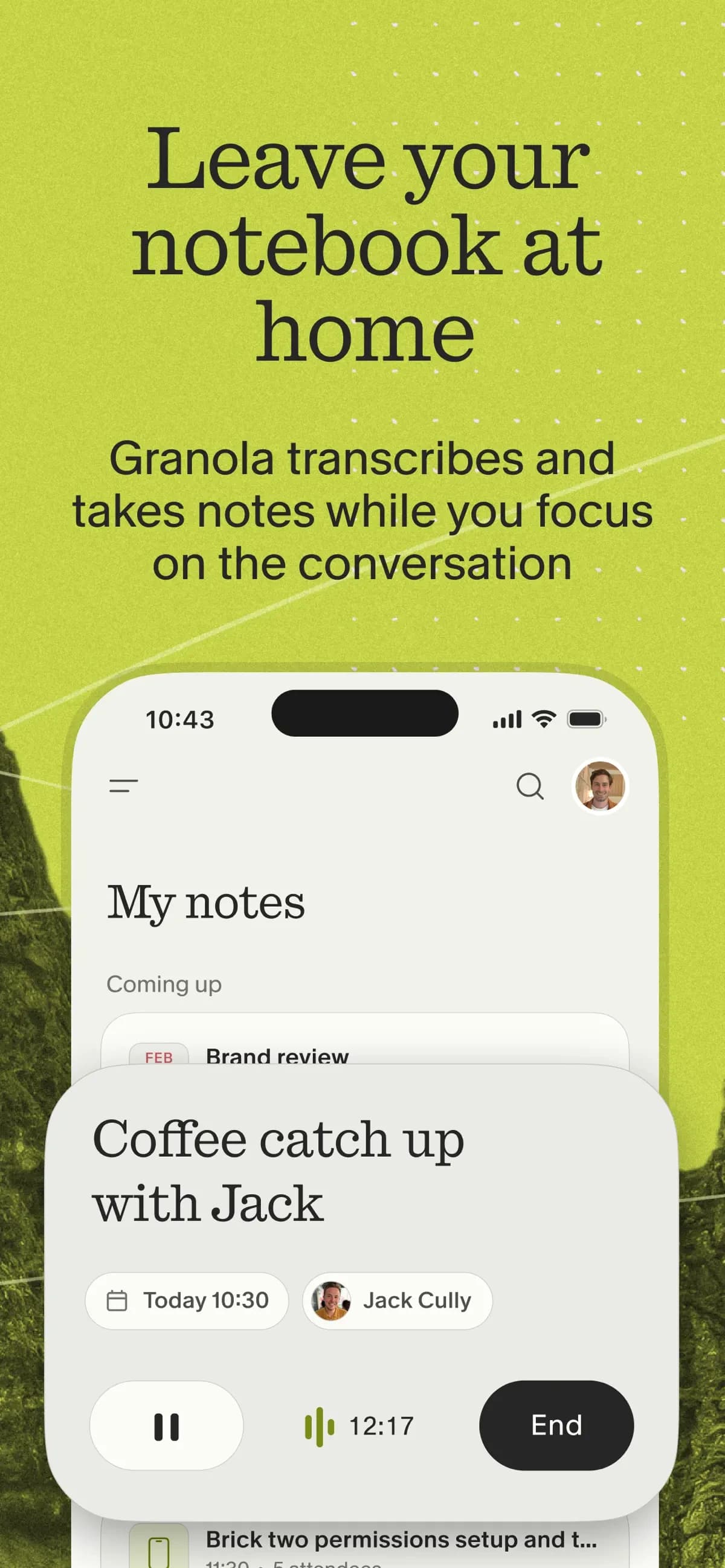 Official Granola AI meeting notes app screenshot showing an active meeting notes list and recording controls.