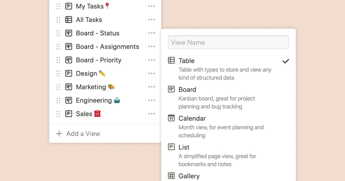 Notion database view selector showing table, board, calendar, list, and gallery options.