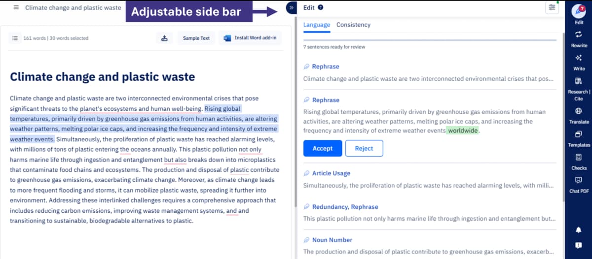 Paperpal Web editor with an academic draft on the left and language suggestions in an adjustable sidebar on the right.
