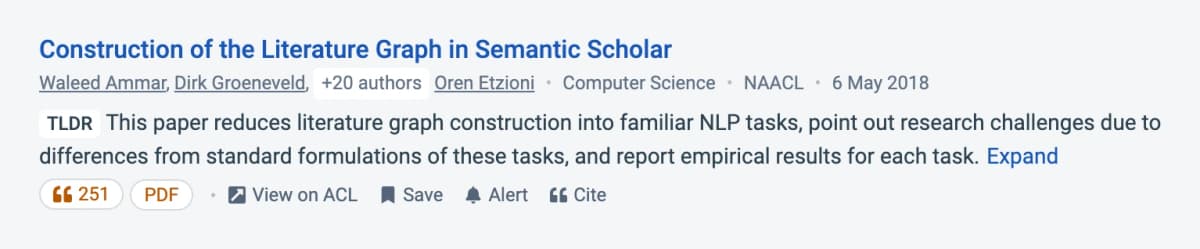 Semantic Scholar result for “Construction of the Literature Graph in Semantic Scholar,” showing a TLDR summary and paper controls.