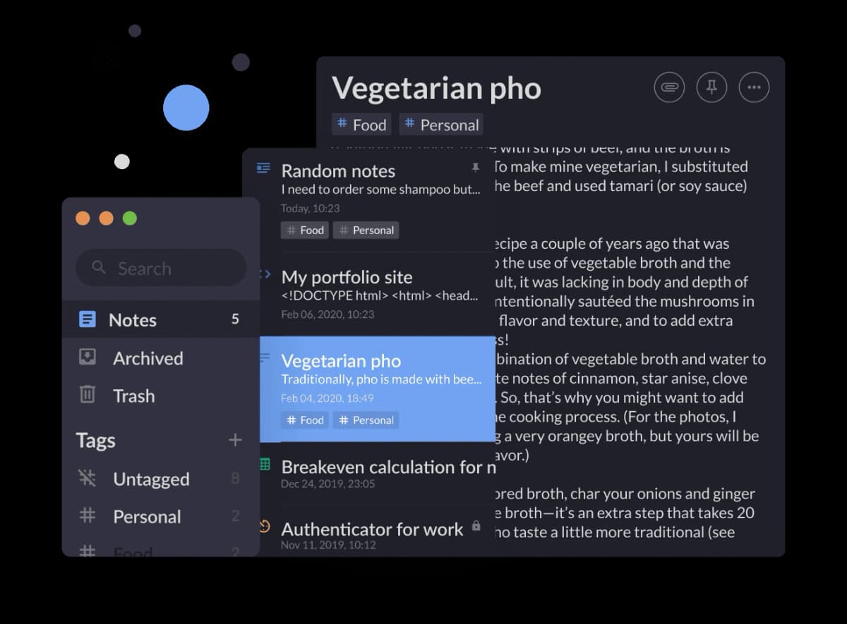 Standard Notes dark-mode workspace with a note list and editor.