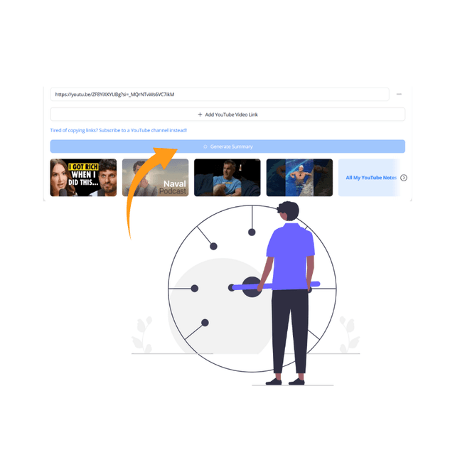 NoteGPT YouTube summarizer step showing a video URL field and Generate Summary control.