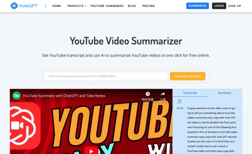 NoteGPT YouTube Video Summarizer page with a video link field, Generate Summary button, embedded video, and transcript panel.