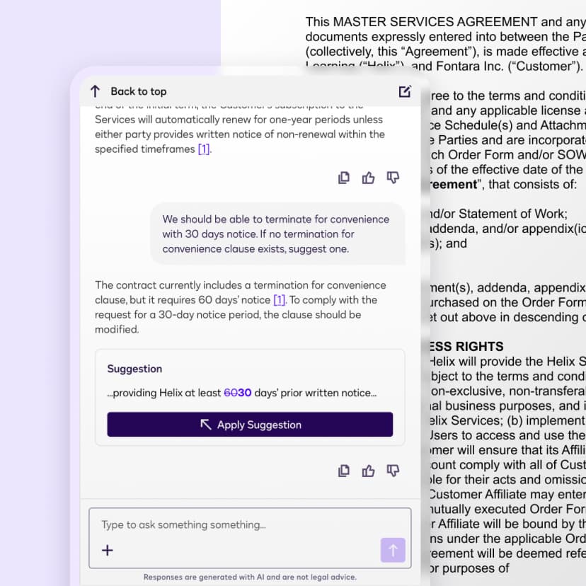 Docusign AI-Assisted Review chat with a linked answer and suggested contract redline.
