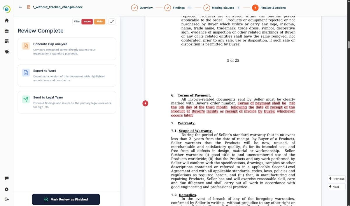 Legly review-complete interface showing contract text beside findings, missing clauses, and next actions.