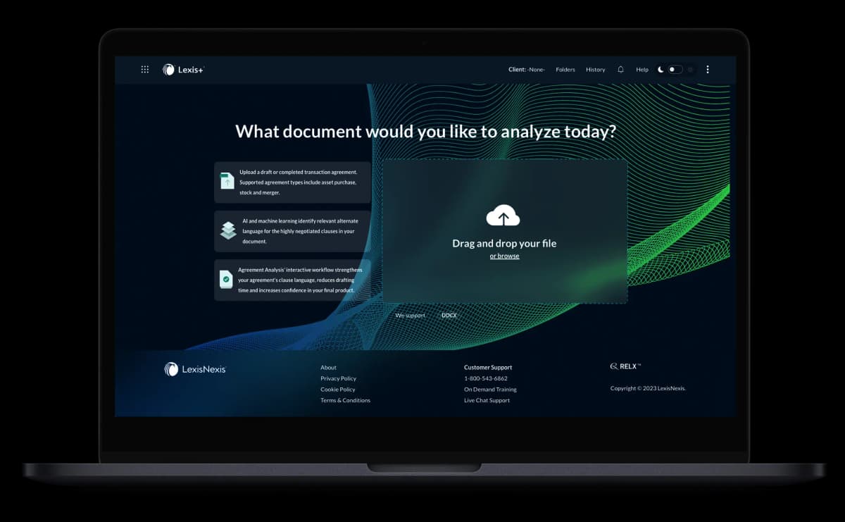 Lexis+ Agreement Analysis contract upload interface with analysis benefits and alternate clause-language workflow.
