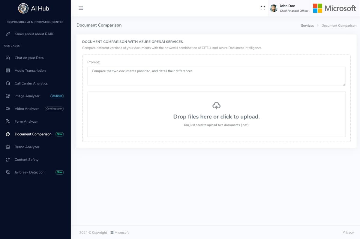 Official Azure AI Hub document comparison screenshot showing a prompt box and two-PDF upload area for an Azure OpenAI Services workflow.