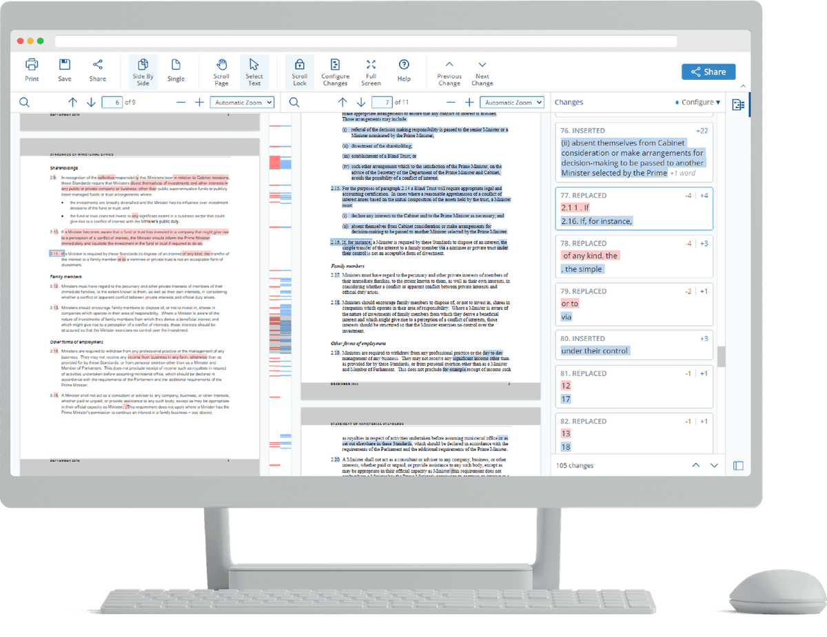 Official Draftable comparison product screenshot showing side-by-side document review with highlighted text changes and a change list.