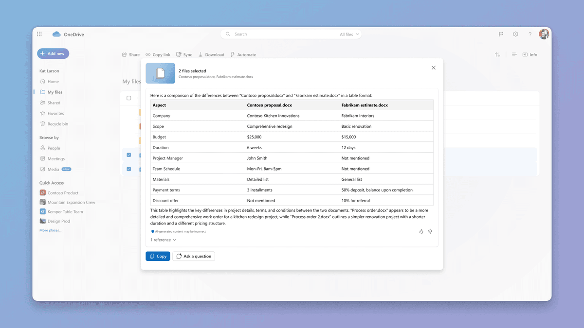 Microsoft Copilot in OneDrive showing two selected sample files and a generated comparison table.