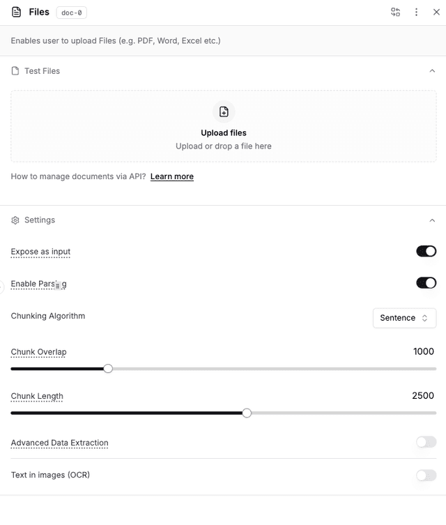 StackAI Files Node settings with file upload, parsing, chunking, and image text extraction controls.