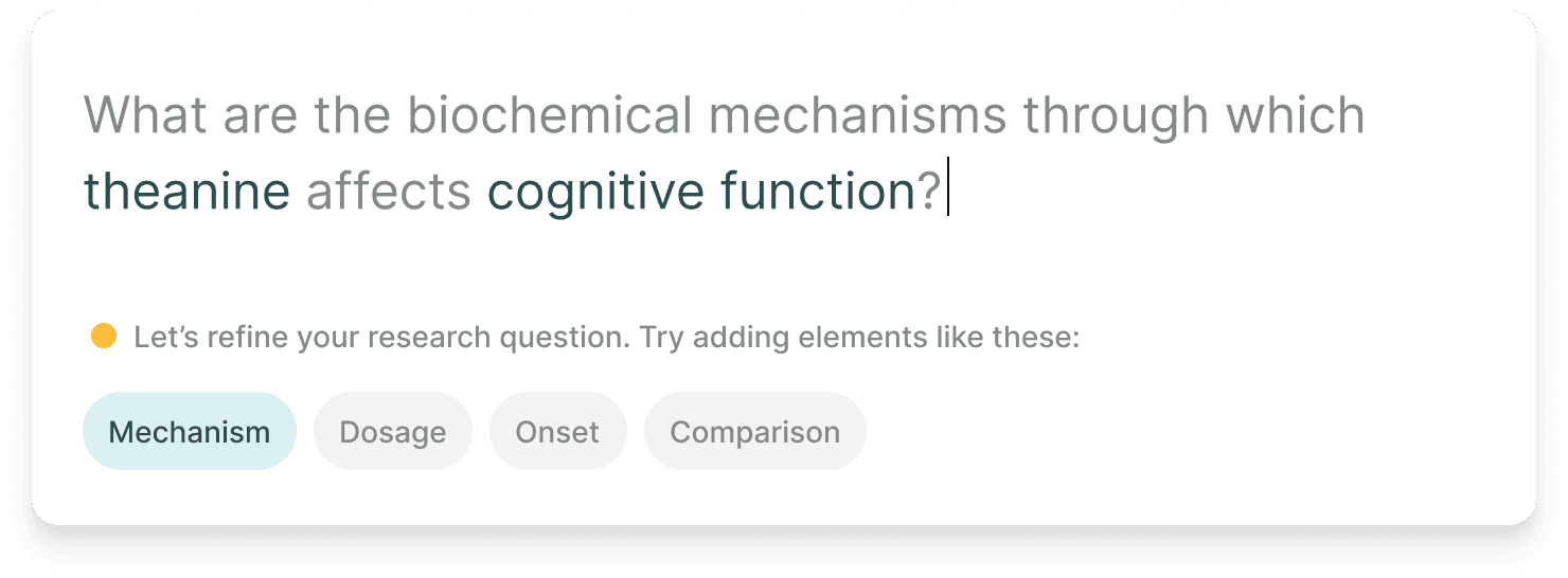 Elicit screenshot showing a theanine research question with refinement tags for mechanism, dosage, onset, and comparison.
