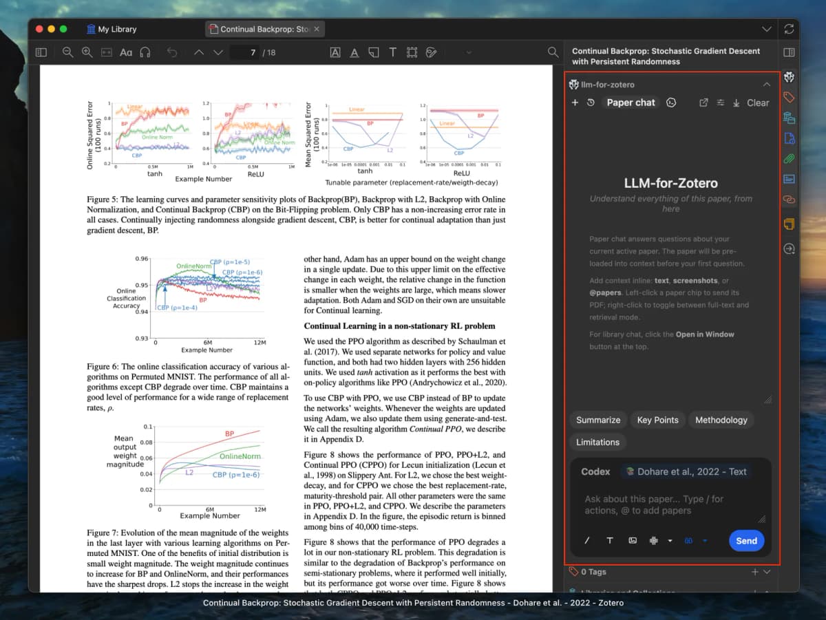 llm-for-zotero screenshot showing an AI assistant sidebar inside the Zotero PDF reader.