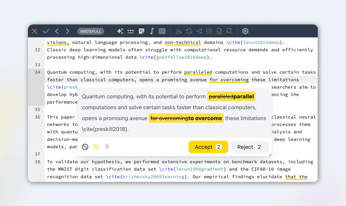 Writefull for Overleaf screenshot showing language suggestions on LaTeX manuscript text with accept and reject controls.