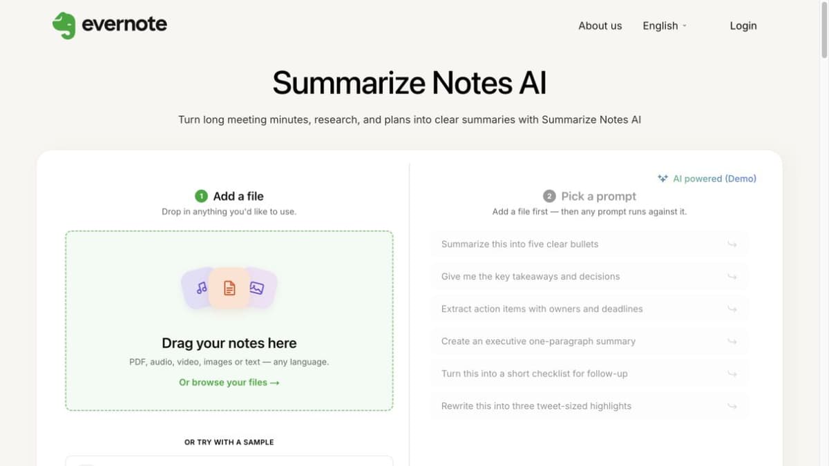 Evernote Summarize Notes AI demo showing a file upload area beside summary and action-item prompt options.