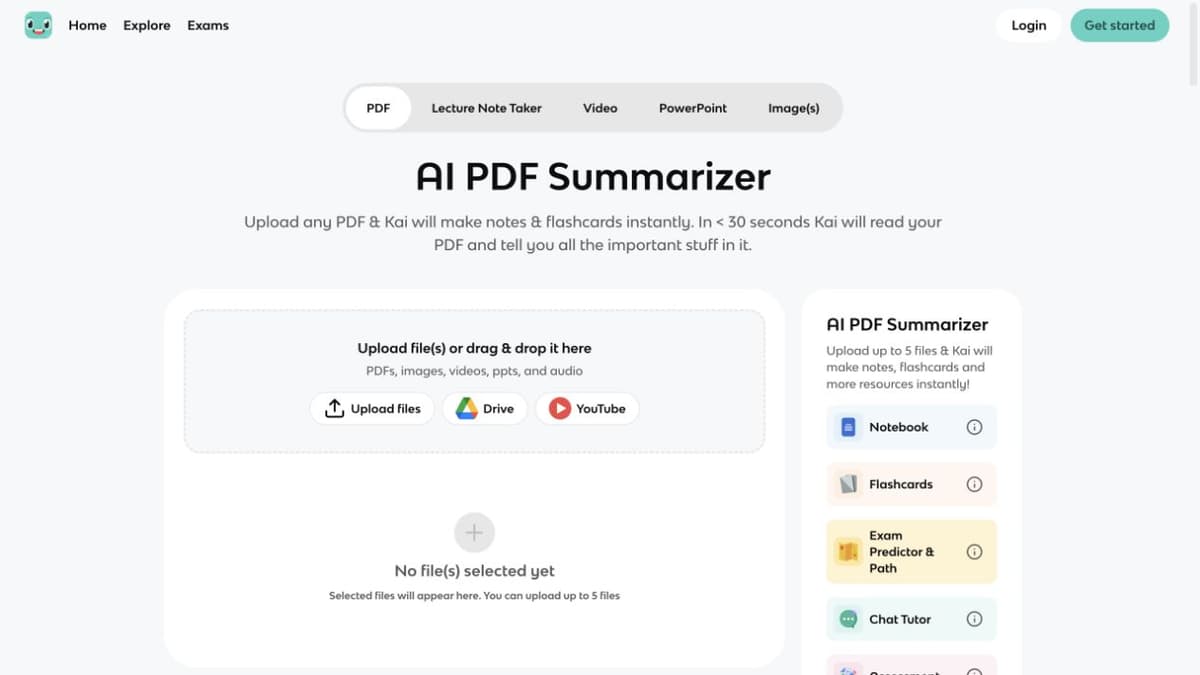 Knowt AI PDF Summarizer page with upload controls beside notes, flashcards, and exam practice outputs.