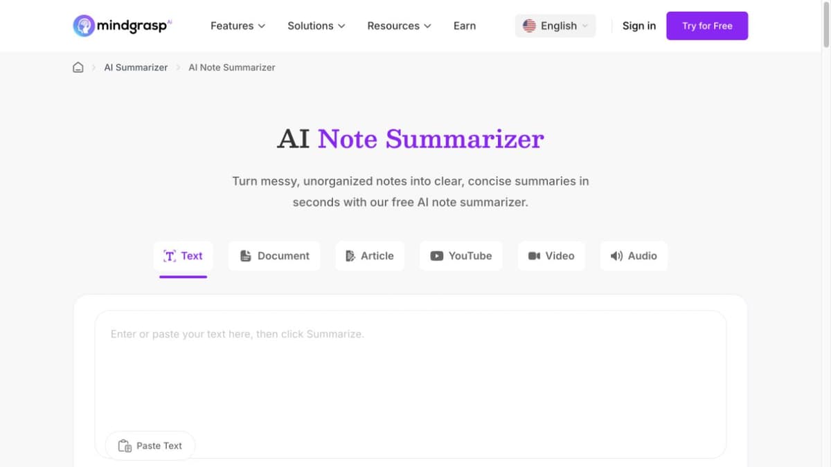 Mindgrasp AI Note Summarizer page showing input tabs and the text summarizer workspace.