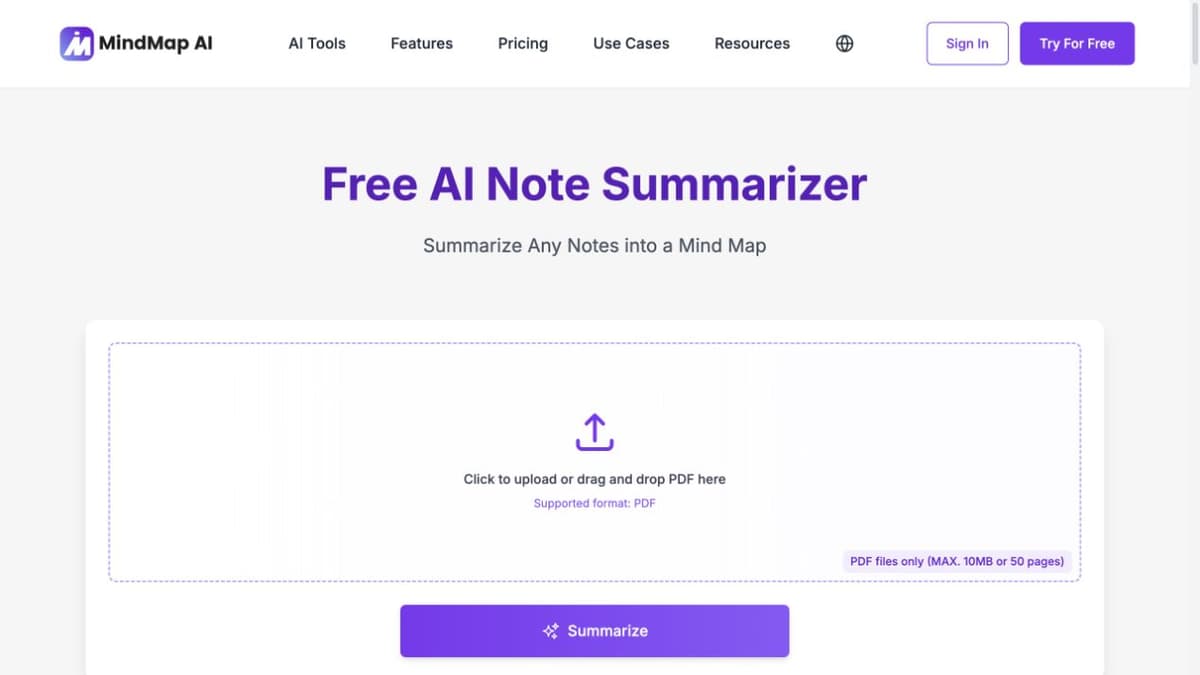 MindMap AI note summarizer page with PDF upload control and a Summarize action.