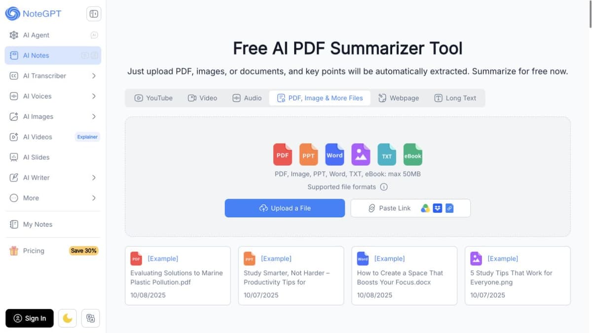 NoteGPT PDF summarizer page with supported file formats, upload and paste-link controls, and sample files.