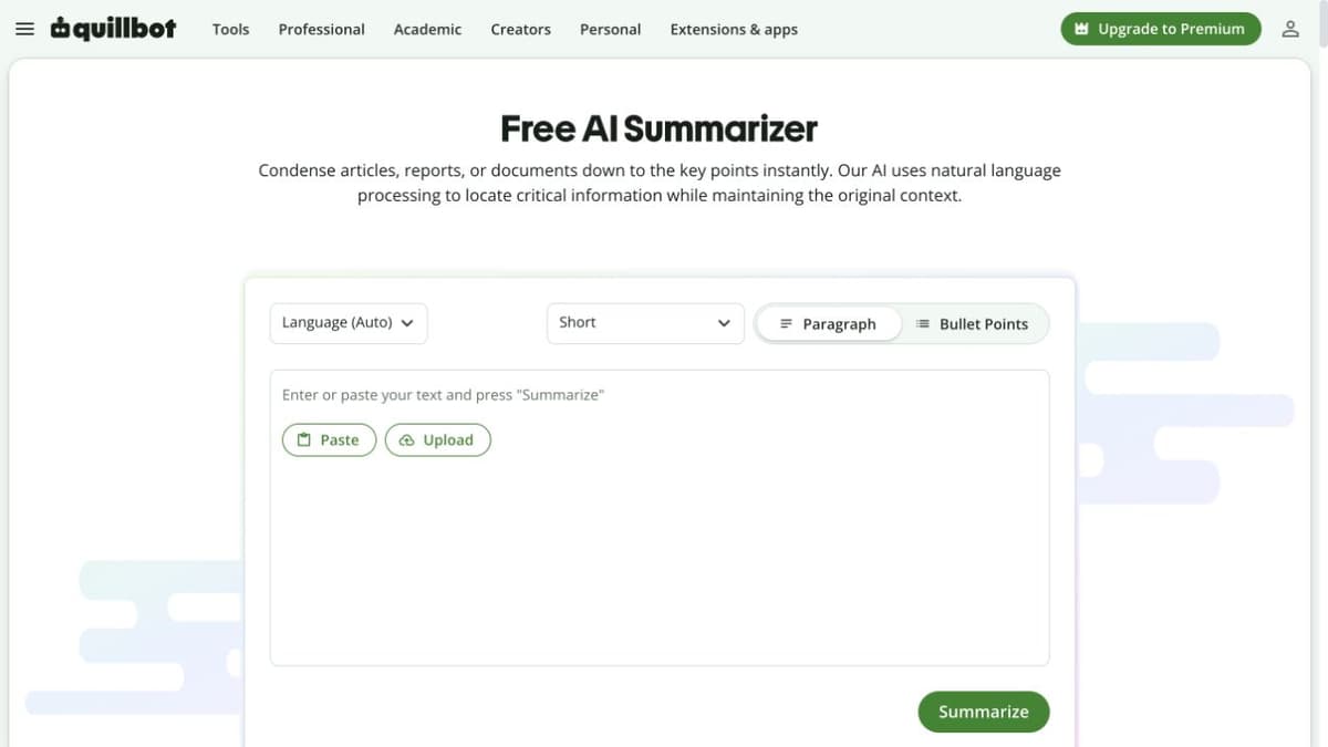 QuillBot Free AI Summarizer editor with text input, length, paragraph, and bullet-point controls.