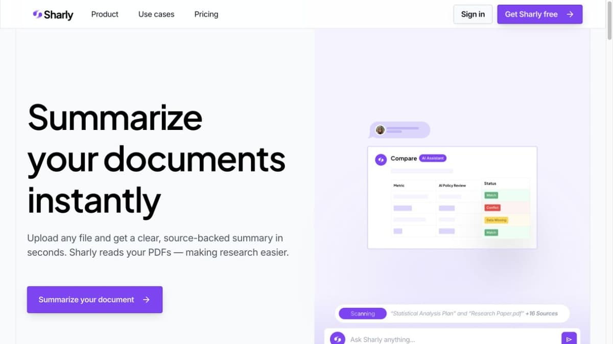 Sharly official AI summarizer page showing document summary and assistant panels with page references.