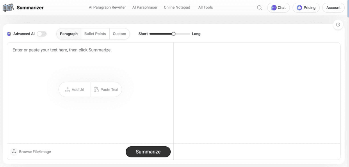 Summarizer.org blank text-summary workspace with text, URL, and file/image inputs beside summary controls.