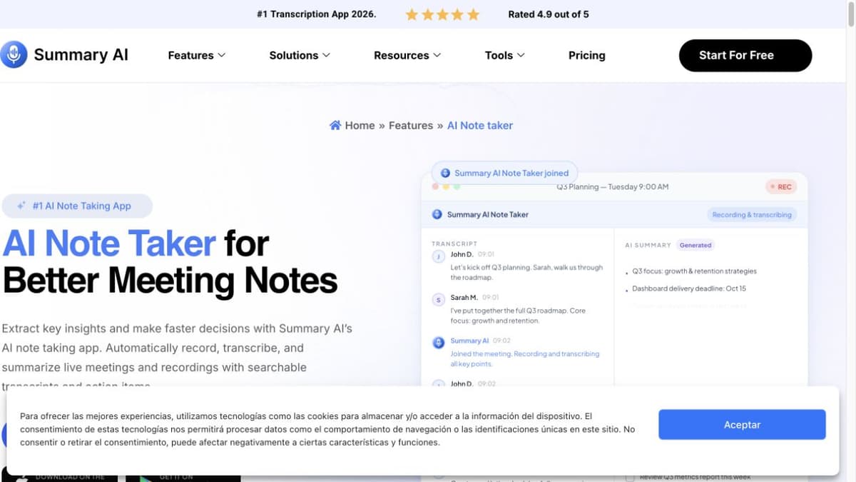 Summary AI official meeting note taker feature page with a live meeting transcript and summary interface illustration.