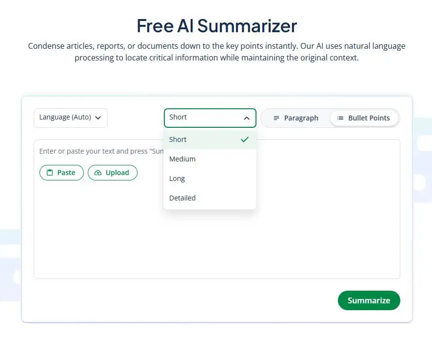 QuillBot summarizer with text input, summary-length, paragraph, bullet-point, and upload controls.