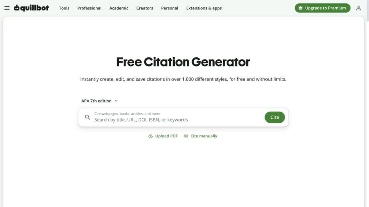 QuillBot Citation Generator shows APA 7th edition and source search by title, URL, DOI, ISBN, or keywords.
