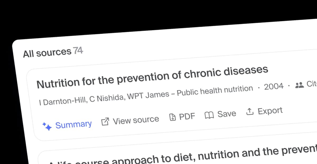 Sourcely source results show research-paper records with summary, source, PDF, save, and export actions.
