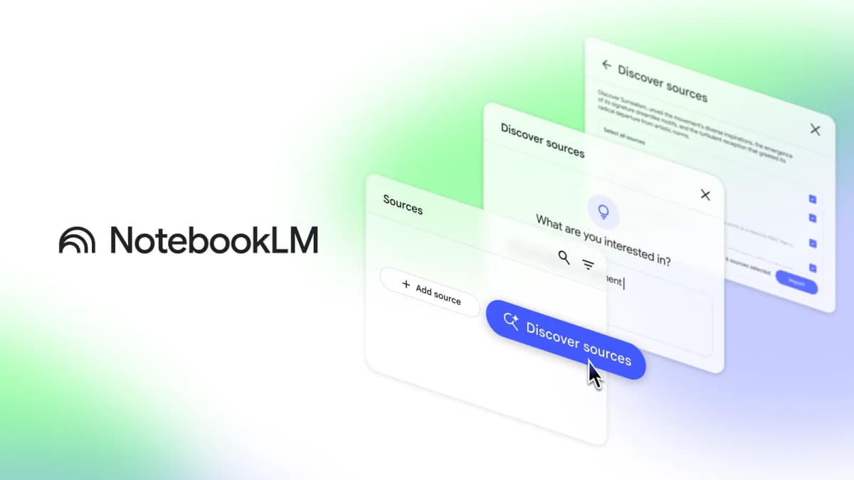 NotebookLM Discover sources screen with a topic prompt and suggested sources