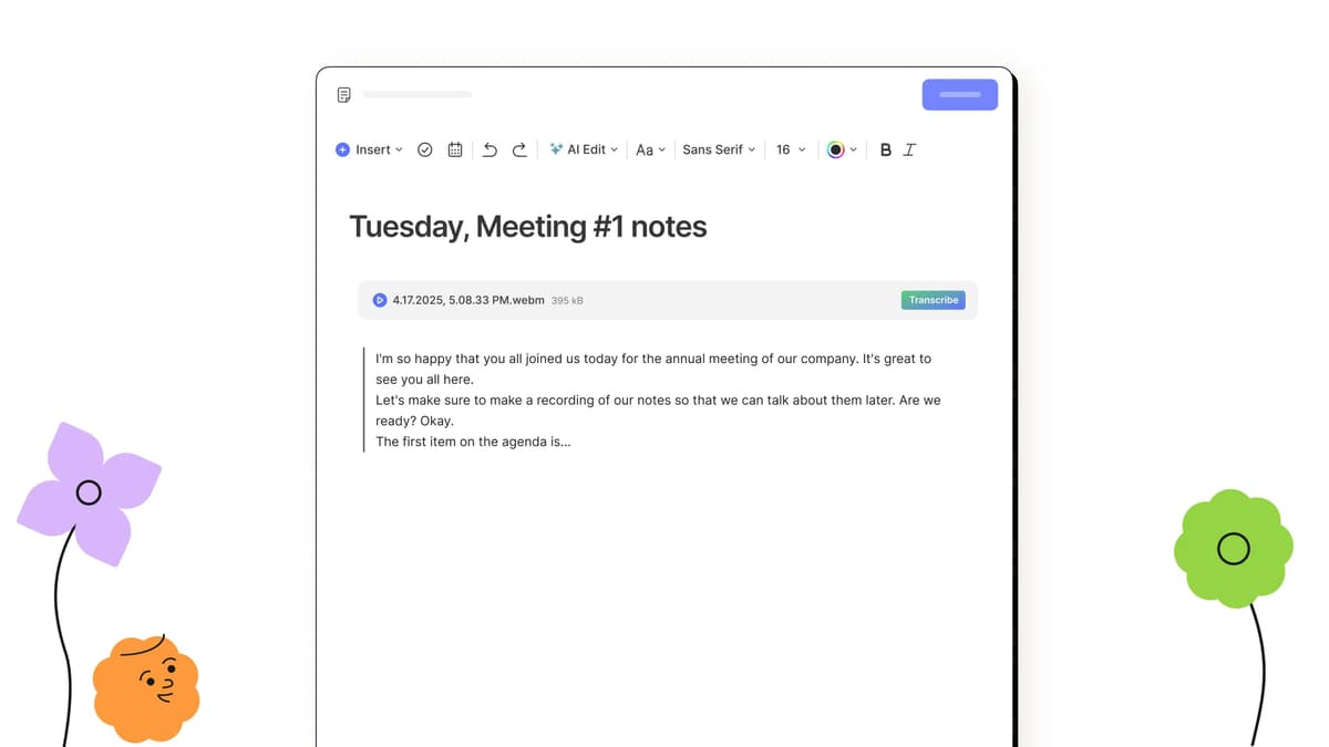 Evernote meeting note showing an audio file, a Transcribe button, and transcript text in the editable note.
