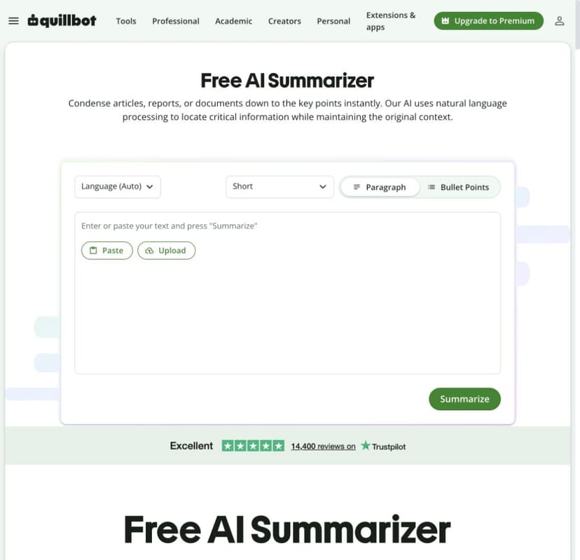 QuillBot summarizer with text input, paragraph or bullet choices, length control, and a Summarize button.