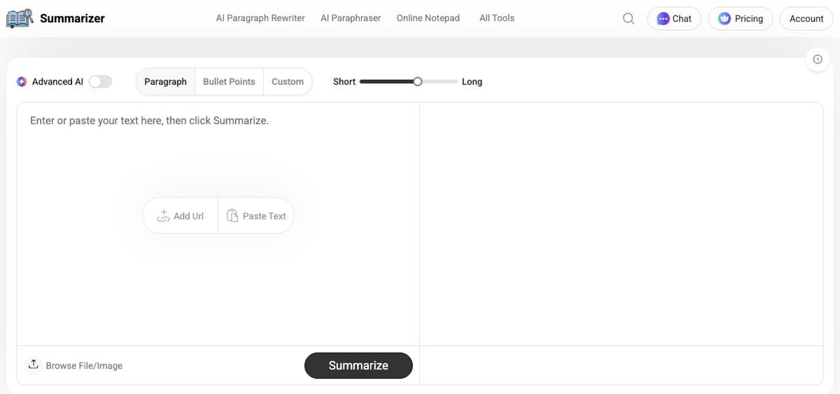Summarizer.org blank interface with paste-text input, paragraph and bullet options, summary-length control, and Summarize button.