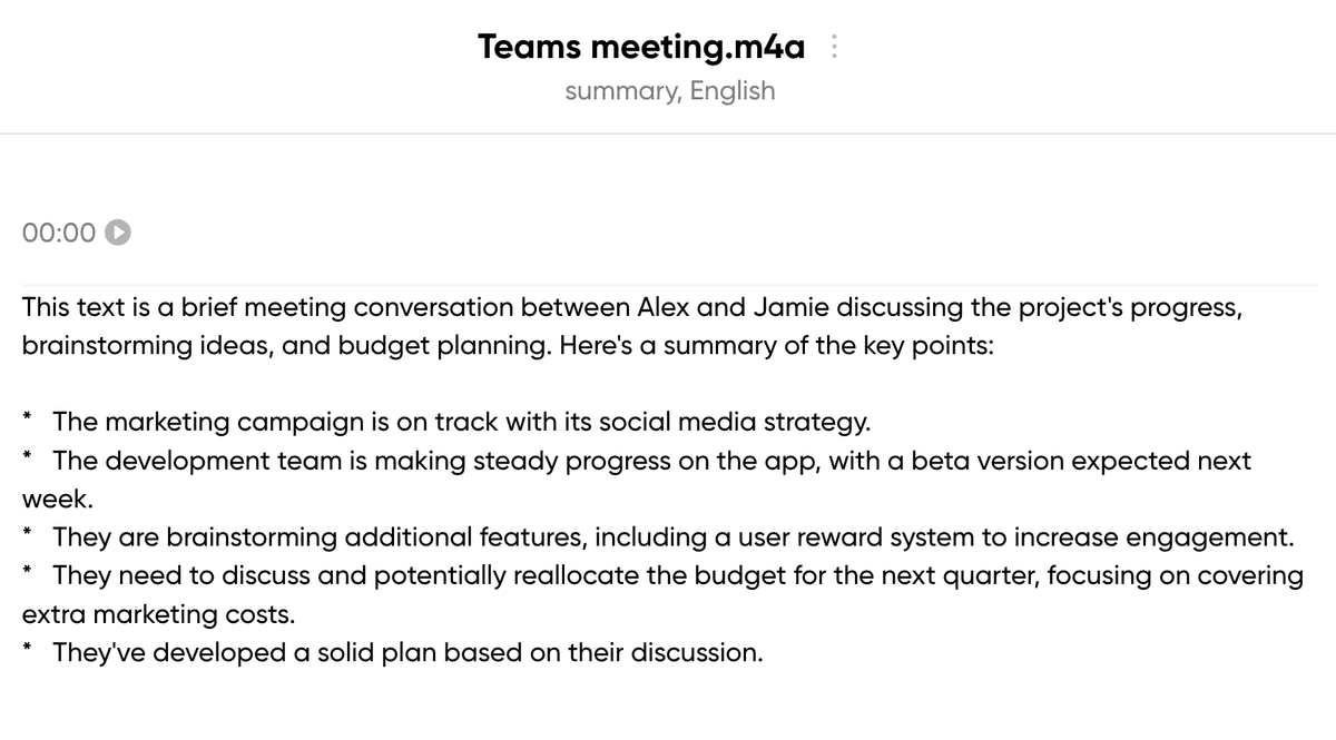 Transcribe editor showing a generated summary for a Teams meeting audio file, with bullet-point takeaways.