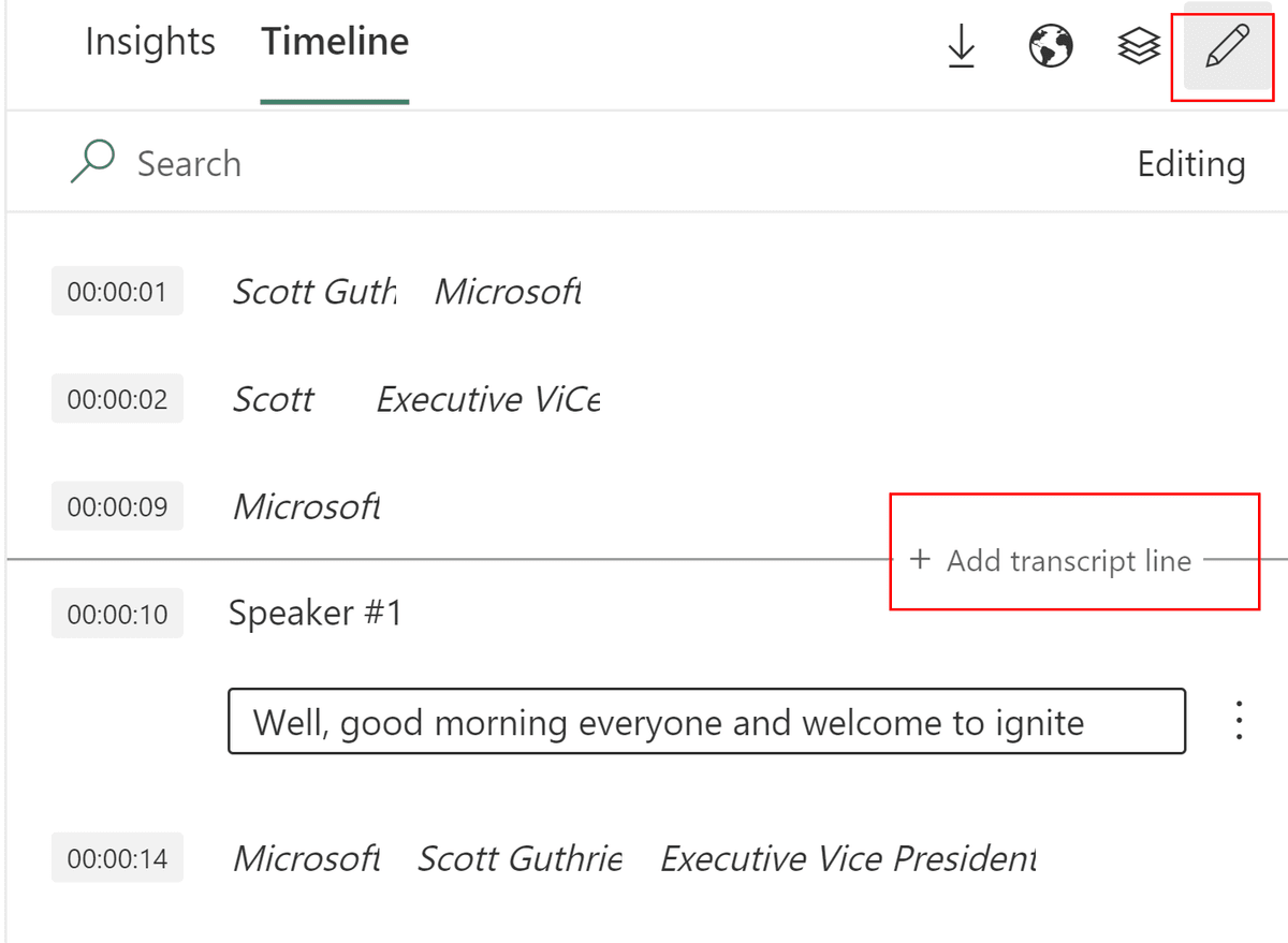 Official Azure AI Video Indexer Timeline showing timestamped transcript lines and the control for adding a transcript line.