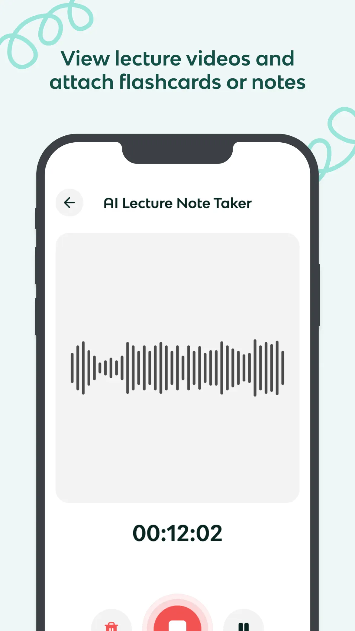 Knowt promotional mobile screen for its AI Lecture Note Taker with an audio waveform and recording timer.
