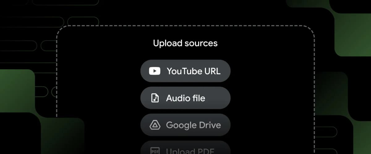 NotebookLM’s 2024 source dialog listing YouTube URL, audio file, and Google Drive as source options.