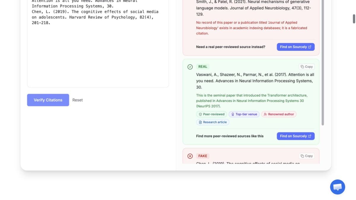 Sourcely’s verifier demo displays sample real/fake citation labels and explanations
