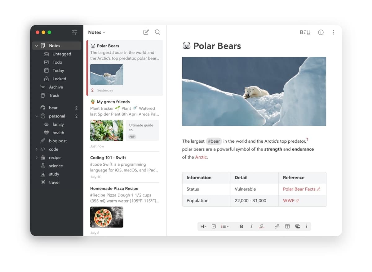 Official Bear Mac screenshot showing a focused Markdown editor with a notes list and tag sidebar.