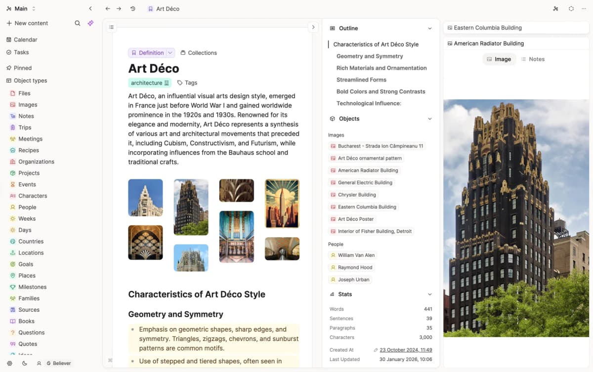 Official Capacities screenshot showing object-based notes with linked content and metadata.