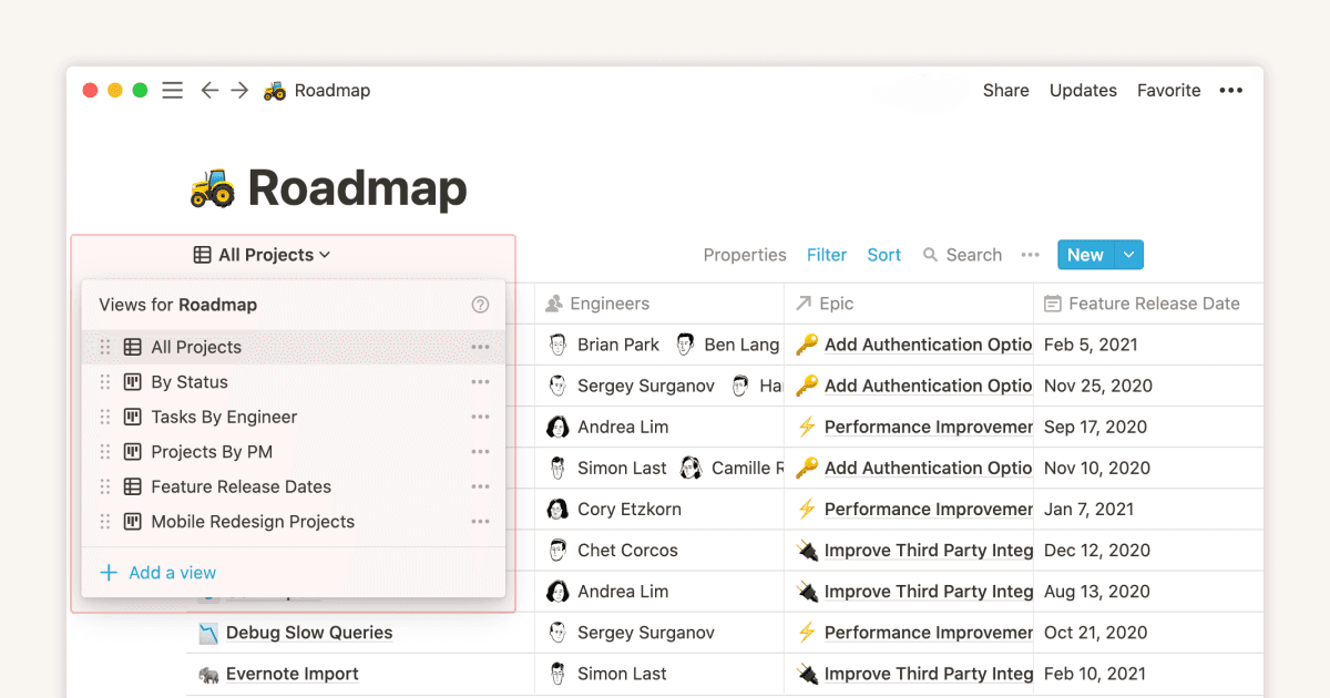 Official Notion interface screenshot showing database views for structured notes and projects.