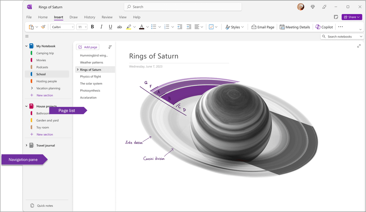 Official OneNote screenshot showing notebooks, sections, pages, and a note canvas.