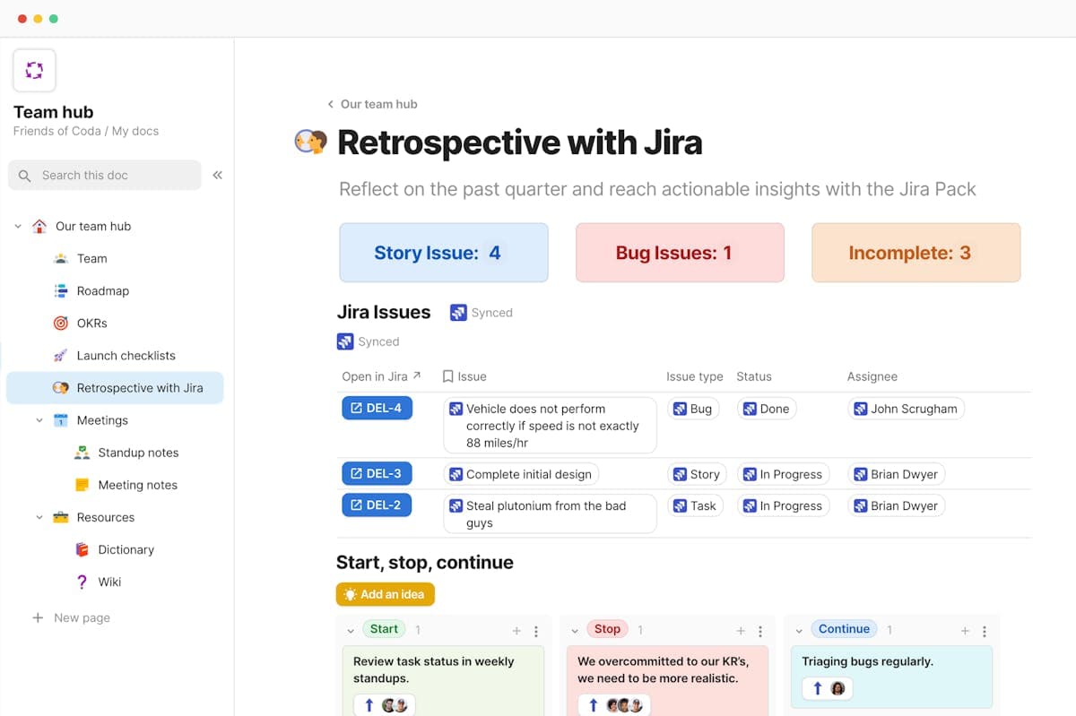 Official Coda product screenshot showing a team hub page with Jira issues, status fields, and retrospective boards.