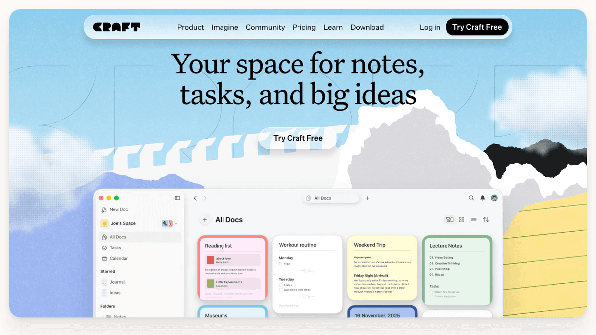 Live screenshot of Craft's official homepage showing the document and notes workspace preview