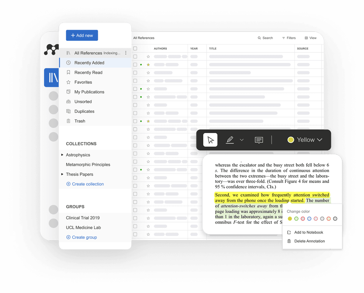 Official Mendeley Reference Manager product visual showing a library, notebook, and citation workflow
